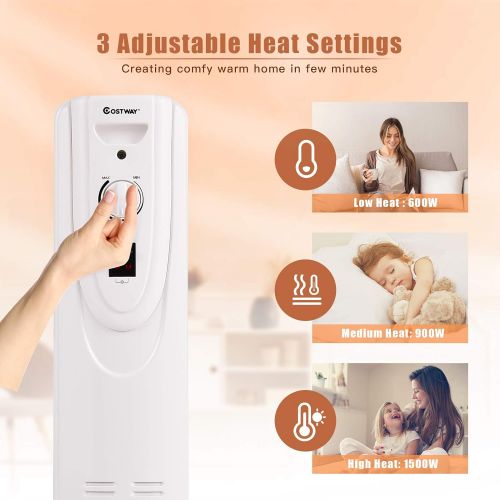 코스트웨이 COSTWAY Oil Filled Radiator Heater, 1500W Portable Space Heater with Dual Safe Protections, Energy-Saving Heater with Adjustable Thermostat & 3 Heating Modes, Electric Heater for B