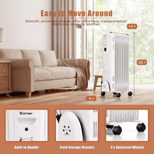 코스트웨이 COSTWAY Oil Filled Radiator Heater, 1500W Portable Space Heater with Dual Safe Protections, Energy-Saving Heater with Adjustable Thermostat & 3 Heating Modes, Electric Heater for B