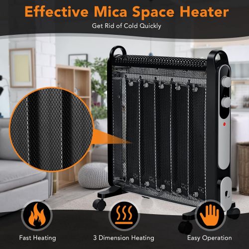 코스트웨이 COSTWAY Mica Heater 1500W, Adjustable Thermostat, Tip-Over and Overheat Protection, 2 Heat Settings, Energy-Saving Design, Full Room Quiet, Portable Electric Space Heater for Indoo