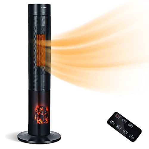 코스트웨이 COSTWAY Ceramic Heater, 1500W Electric Space Heater with Remote Control, Digital Panel, 3D Flame, 12H Timer, 4 Modes, Oscillation, Overheat & Tip-Over Protection, Portable PTC Heat