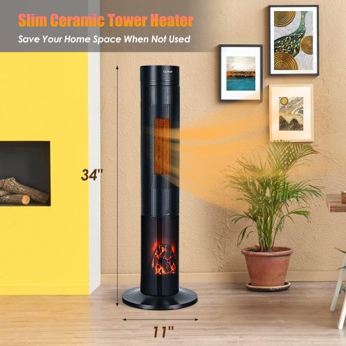 코스트웨이 COSTWAY Ceramic Heater, 1500W Electric Space Heater with Remote Control, Digital Panel, 3D Flame, 12H Timer, 4 Modes, Oscillation, Overheat & Tip-Over Protection, Portable PTC Heat