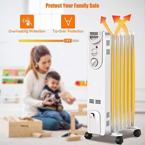 코스트웨이 COSTWAY Oil Filled Radiator Heater, 1500W Portable Heater with 3 Heat Settings, 360-Degree Swivel Casters, Adjustable Thermostat, Overheat & Tip-Over Protection, Electric Space Hea