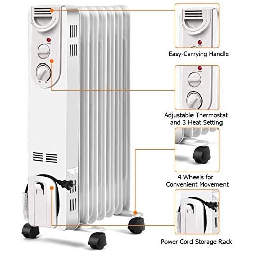 코스트웨이 COSTWAY Oil Filled Radiator Heater, 1500W Portable Heater with 3 Heat Settings, 360-Degree Swivel Casters, Adjustable Thermostat, Overheat & Tip-Over Protection, Electric Space Hea