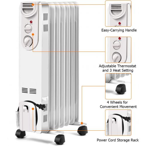 코스트웨이 COSTWAY Oil Filled Radiator Heater, 1500W Portable Heater with 3 Heat Settings, 360-Degree Swivel Casters, Adjustable Thermostat, Overheat & Tip-Over Protection, Electric Space Hea