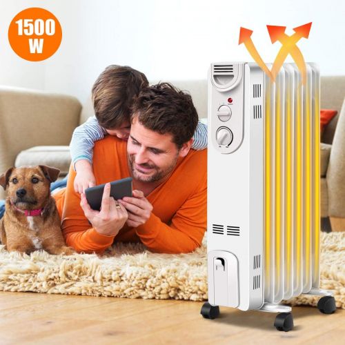 코스트웨이 COSTWAY Oil Filled Radiator Heater, 1500W Portable Heater with 3 Heat Settings, 360-Degree Swivel Casters, Adjustable Thermostat, Overheat & Tip-Over Protection, Electric Space Hea