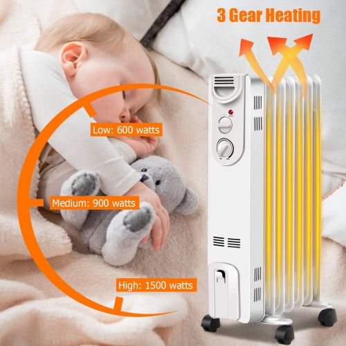 코스트웨이 COSTWAY Oil Filled Radiator Heater, 1500W Portable Heater with 3 Heat Settings, 360-Degree Swivel Casters, Adjustable Thermostat, Overheat & Tip-Over Protection, Electric Space Hea