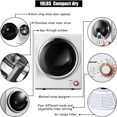 코스트웨이 COSTWAY Electric Compact Laundry Dryer, 10LBS Capacity Portable Clothes Dryer with Stainless Steel Tub, Control Panel Downside Easy Control for 4 Automatic Drying Mode, White