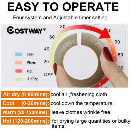 코스트웨이 COSTWAY Electric Compact Laundry Dryer, 10LBS Capacity Portable Clothes Dryer with Stainless Steel Tub, Control Panel Downside Easy Control for 4 Automatic Drying Mode, White