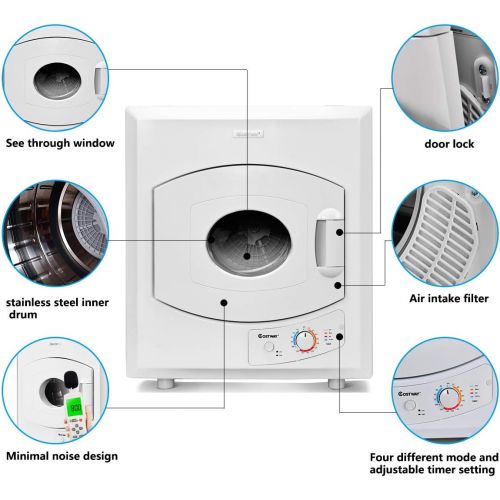 코스트웨이 COSTWAY Electric Compact Laundry Dryer, 2.65 Cu.Ft Capacity Portable Tumble Clothes Dryer with Stainless Steel Tub, Control Panel Downside Easy Control for 4 Automatic Drying Mode,