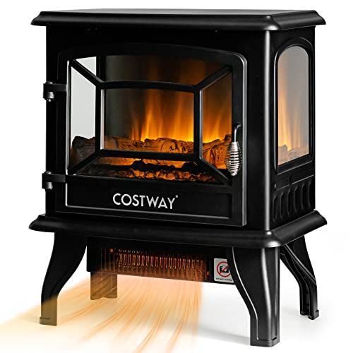 코스트웨이 COSTWAY Electric Fireplace Stove, 20-Inch Freestanding Heater with 3D Realistic Flame, Adjustable Thermostat, Overheat Protection, Portable Infrared Fireplace Stove for Indoor Use