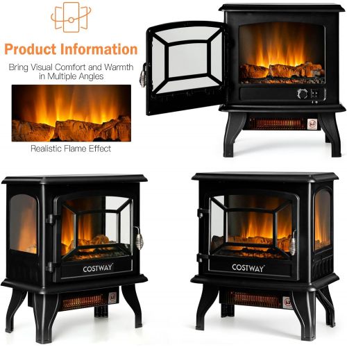 코스트웨이 COSTWAY Electric Fireplace Stove, 20-Inch Freestanding Heater with 3D Realistic Flame, Adjustable Thermostat, Overheat Protection, Portable Infrared Fireplace Stove for Indoor Use