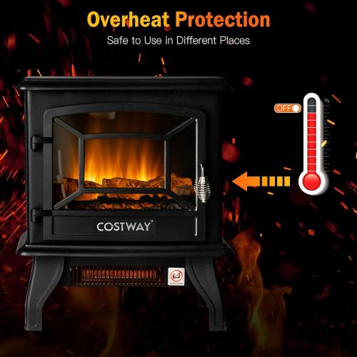 코스트웨이 COSTWAY Electric Fireplace Stove, 20-Inch Freestanding Heater with 3D Realistic Flame, Adjustable Thermostat, Overheat Protection, Portable Infrared Fireplace Stove for Indoor Use