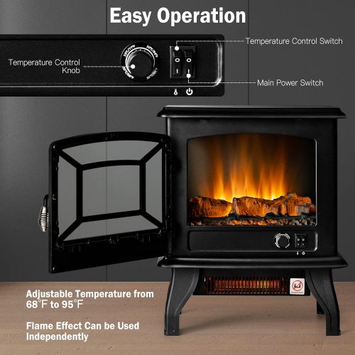 코스트웨이 COSTWAY Electric Fireplace Stove, 20-Inch Freestanding Heater with 3D Realistic Flame, Adjustable Thermostat, Overheat Protection, Portable Infrared Fireplace Stove for Indoor Use