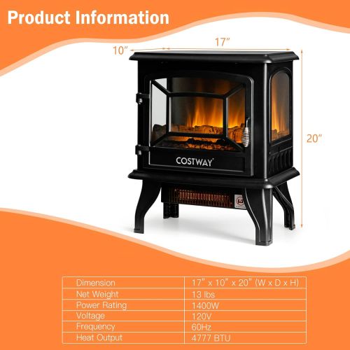 코스트웨이 COSTWAY Electric Fireplace Stove, 20-Inch Freestanding Heater with 3D Realistic Flame, Adjustable Thermostat, Overheat Protection, Portable Infrared Fireplace Stove for Indoor Use
