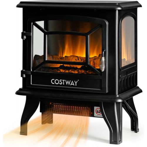 코스트웨이 COSTWAY Electric Fireplace Stove, 20-Inch Freestanding Heater with 3D Realistic Flame, Adjustable Thermostat, Overheat Protection, Portable Infrared Fireplace Stove for Indoor Use