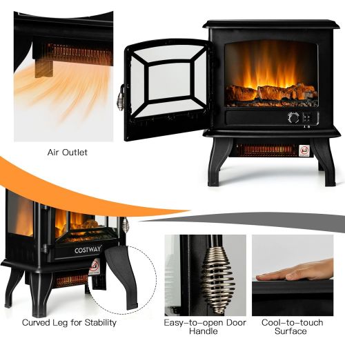 코스트웨이 COSTWAY Electric Fireplace Stove, 20-Inch Freestanding Heater with 3D Realistic Flame, Adjustable Thermostat, Overheat Protection, Portable Infrared Fireplace Stove for Indoor Use