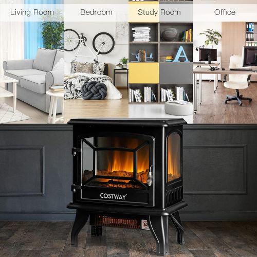 코스트웨이 COSTWAY Electric Fireplace Stove, 20-Inch Freestanding Heater with 3D Realistic Flame, Adjustable Thermostat, Overheat Protection, Portable Infrared Fireplace Stove for Indoor Use