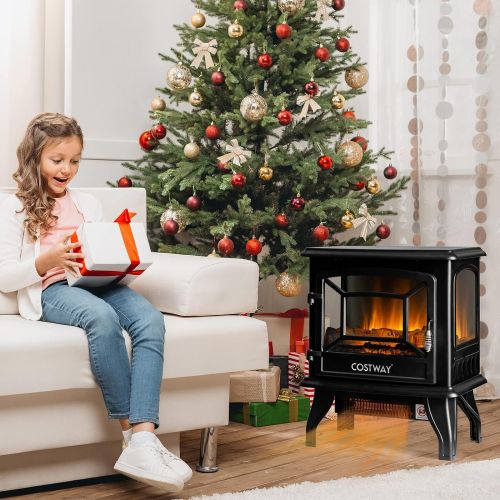 코스트웨이 COSTWAY Electric Fireplace Stove, 20-Inch Freestanding Heater with 3D Realistic Flame, Adjustable Thermostat, Overheat Protection, Portable Infrared Fireplace Stove for Indoor Use