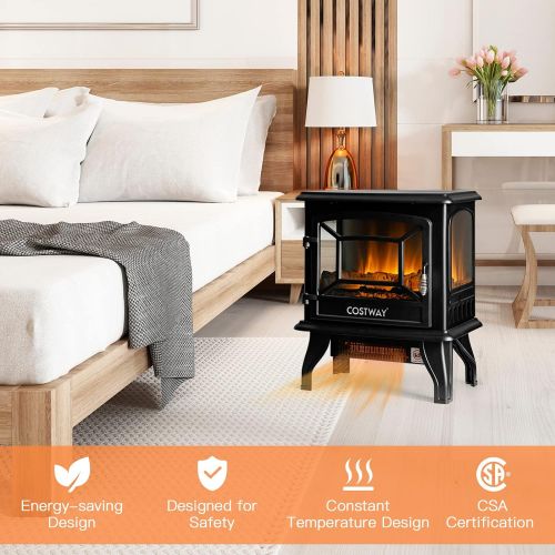 코스트웨이 COSTWAY Electric Fireplace Stove, 20-Inch Freestanding Heater with 3D Realistic Flame, Adjustable Thermostat, Overheat Protection, Portable Infrared Fireplace Stove for Indoor Use