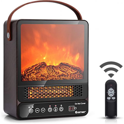 코스트웨이 COSTWAY Portable Electric Fireplace, 750W/1500W Mini Electric Heater with 50℉ to 90℉, 12H Timer, Remote Control, 4 Flame Brightness, Tabletop Fireplace Heater for Home Office Indoo