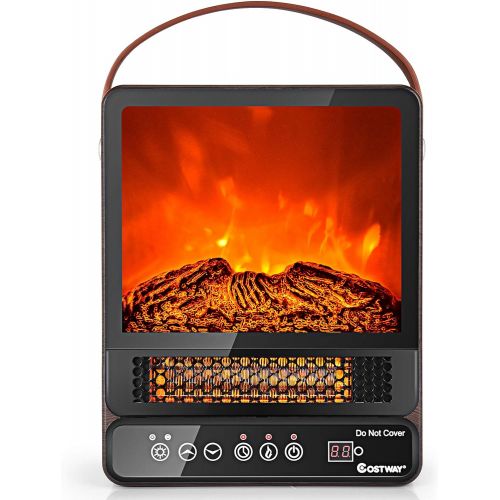 코스트웨이 COSTWAY Portable Electric Fireplace, 750W/1500W Mini Electric Heater with 50℉ to 90℉, 12H Timer, Remote Control, 4 Flame Brightness, Tabletop Fireplace Heater for Home Office Indoo