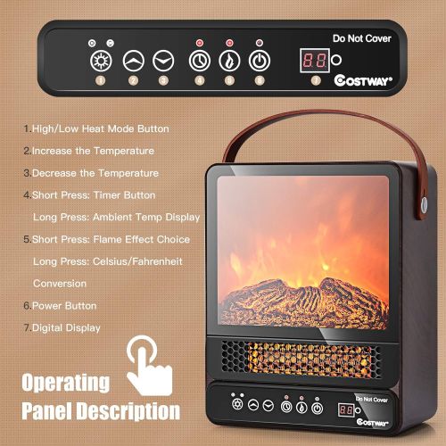 코스트웨이 COSTWAY Portable Electric Fireplace, 750W/1500W Mini Electric Heater with 50℉ to 90℉, 12H Timer, Remote Control, 4 Flame Brightness, Tabletop Fireplace Heater for Home Office Indoo