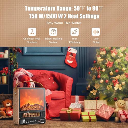 코스트웨이 COSTWAY Portable Electric Fireplace, 750W/1500W Mini Electric Heater with 50℉ to 90℉, 12H Timer, Remote Control, 4 Flame Brightness, Tabletop Fireplace Heater for Home Office Indoo