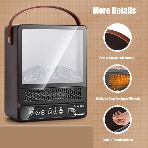 코스트웨이 COSTWAY Portable Electric Fireplace, 750W/1500W Mini Electric Heater with 50℉ to 90℉, 12H Timer, Remote Control, 4 Flame Brightness, Tabletop Fireplace Heater for Home Office Indoo