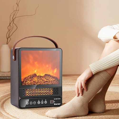 코스트웨이 COSTWAY Portable Electric Fireplace, 750W/1500W Mini Electric Heater with 50℉ to 90℉, 12H Timer, Remote Control, 4 Flame Brightness, Tabletop Fireplace Heater for Home Office Indoo