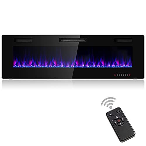 코스트웨이 COSTWAY Electric Fireplace Insert 60-Inch Wide, 750W/1500W Wall Recessed and Mounted Fireplace with Remote Control, 12 Flame Colors, 5 Brightness Settings, 8 H Timer, Fireplace Hea