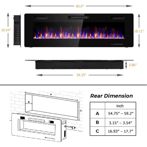 코스트웨이 COSTWAY Electric Fireplace Insert 60-Inch Wide, 750W/1500W Wall Recessed and Mounted Fireplace with Remote Control, 12 Flame Colors, 5 Brightness Settings, 8 H Timer, Fireplace Hea