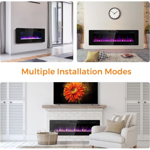 코스트웨이 COSTWAY Electric Fireplace Insert 60-Inch Wide, 750W/1500W Wall Recessed and Mounted Fireplace with Remote Control, 12 Flame Colors, 5 Brightness Settings, 8 H Timer, Fireplace Hea