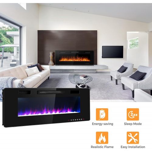 코스트웨이 COSTWAY Electric Fireplace Insert 60-Inch Wide, 750W/1500W Wall Recessed and Mounted Fireplace with Remote Control, 12 Flame Colors, 5 Brightness Settings, 8 H Timer, Fireplace Hea