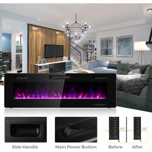 코스트웨이 COSTWAY Electric Fireplace Insert 60-Inch Wide, 750W/1500W Wall Recessed and Mounted Fireplace with Remote Control, 12 Flame Colors, 5 Brightness Settings, 8 H Timer, Fireplace Hea