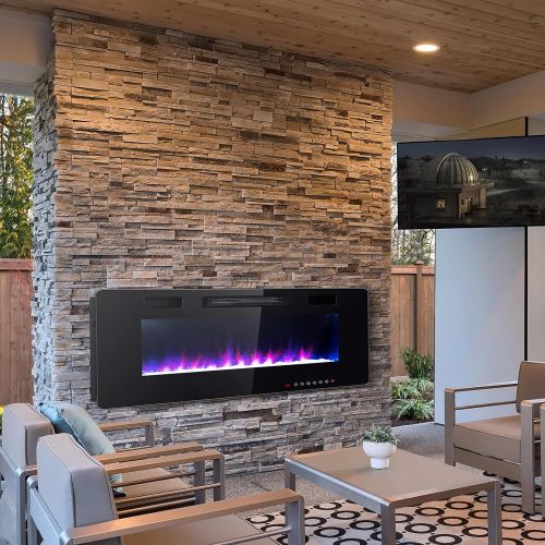 코스트웨이 COSTWAY Electric Fireplace Insert 60-Inch Wide, 750W/1500W Wall Recessed and Mounted Fireplace with Remote Control, 12 Flame Colors, 5 Brightness Settings, 8 H Timer, Fireplace Hea