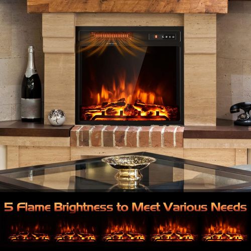 코스트웨이 COSTWAY 18-Inch Electric Fireplace,1500W Freestanding Recessed Fireplace Stove Heater Insert with Adjustable Flame Effect and Temperature, Built-in Thermostat, Timing Function, Rem