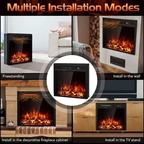 코스트웨이 COSTWAY 18-Inch Electric Fireplace,1500W Freestanding Recessed Fireplace Stove Heater Insert with Adjustable Flame Effect and Temperature, Built-in Thermostat, Timing Function, Rem