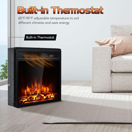 코스트웨이 COSTWAY 18-Inch Electric Fireplace,1500W Freestanding Recessed Fireplace Stove Heater Insert with Adjustable Flame Effect and Temperature, Built-in Thermostat, Timing Function, Rem