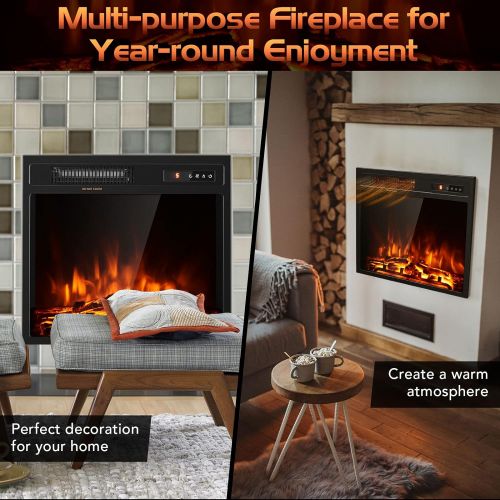 코스트웨이 COSTWAY 18-Inch Electric Fireplace,1500W Freestanding Recessed Fireplace Stove Heater Insert with Adjustable Flame Effect and Temperature, Built-in Thermostat, Timing Function, Rem