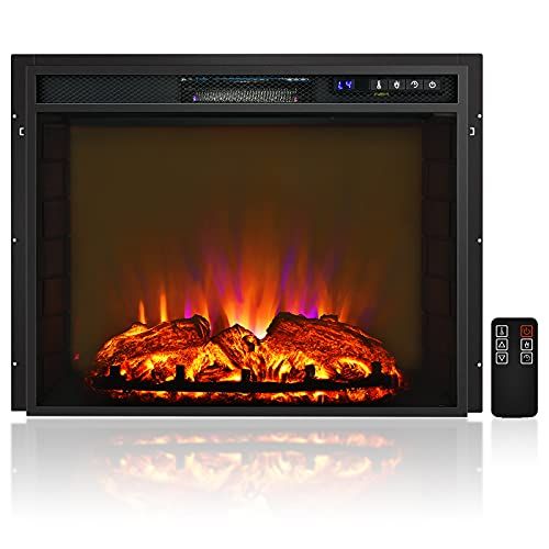 코스트웨이 COSTWAY 26 Inches Electric Fireplace with Remote Control, 750W/1500W Wall Recessed and Freestanding Fireplace with 2 Flame Colors, 4 Brightness Settings, 5H Timer, Fireplace Heater