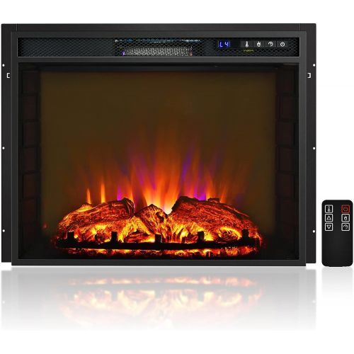 코스트웨이 COSTWAY 26 Inches Electric Fireplace with Remote Control, 750W/1500W Wall Recessed and Freestanding Fireplace with 2 Flame Colors, 4 Brightness Settings, 5H Timer, Fireplace Heater