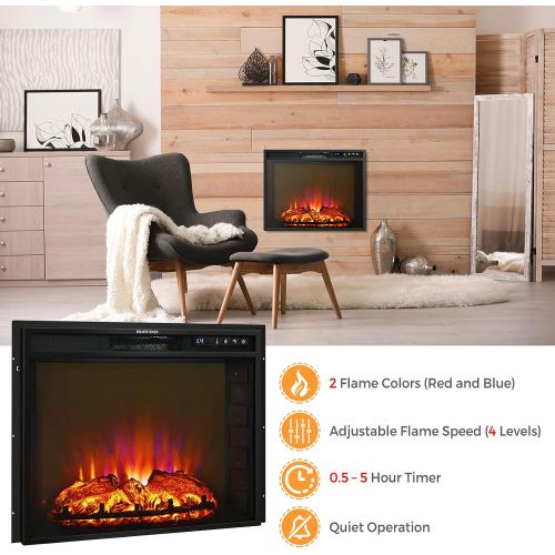 코스트웨이 COSTWAY 26 Inches Electric Fireplace with Remote Control, 750W/1500W Wall Recessed and Freestanding Fireplace with 2 Flame Colors, 4 Brightness Settings, 5H Timer, Fireplace Heater