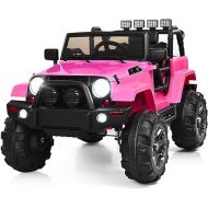 Costzon Ride On Car, 12V Battery Powered Electric Ride On Truck w/Parental Remote Control, LED Lights, Double Open Doors, Safety Belt, Music, MP3, Spring Suspension (Pink)