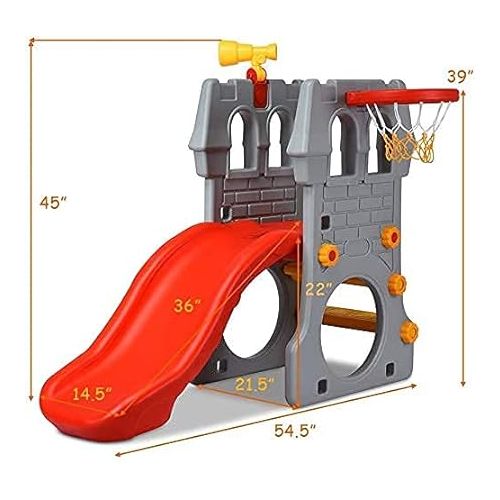  Costzon Toddler Slide Playground Climber Set, 5 in 1 Slide for Kids with Basketball Hoop, Telescope, Crawl Through Space, Easy Climb Stairs, Kids Large Slide Playset Gift for Both Indoor Outdoor Use