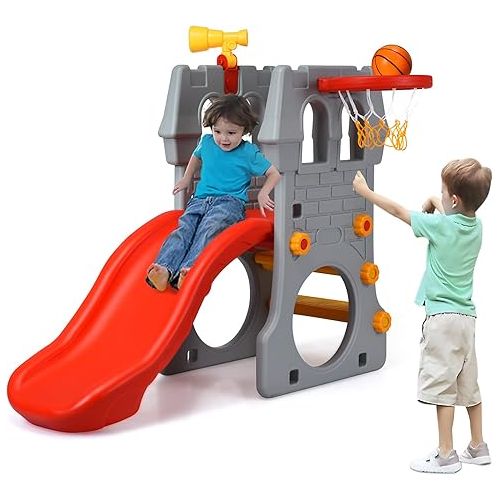  Costzon Toddler Slide Playground Climber Set, 5 in 1 Slide for Kids with Basketball Hoop, Telescope, Crawl Through Space, Easy Climb Stairs, Kids Large Slide Playset Gift for Both Indoor Outdoor Use