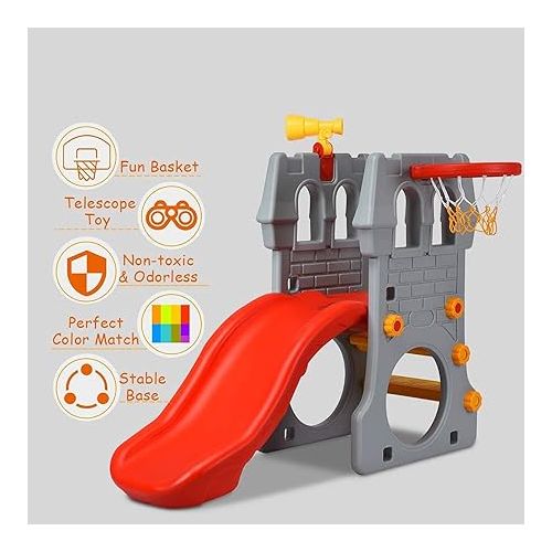  Costzon Toddler Slide Playground Climber Set, 5 in 1 Slide for Kids with Basketball Hoop, Telescope, Crawl Through Space, Easy Climb Stairs, Kids Large Slide Playset Gift for Both Indoor Outdoor Use