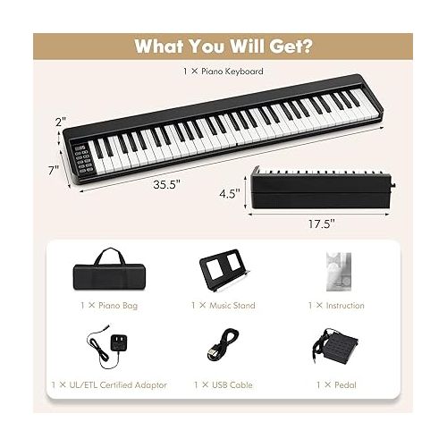  Costzon 61-Key Folding Piano Keyboard, Portable Electric Piano w/Full Size Keys, Music Stand, Sustain Pedal, MIDI, Piano Bag, Power Supply, Digital Piano Keyboard for Beginners, Teens, Adults (Black)