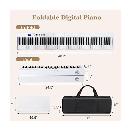  Costzon 88-Key Foldable Digital Piano Keyboard, Full Size Semi-Weighted Keyboard, Portable Electric Piano w/MIDI, Split Function, Sustain Pedal & Carrying Bag for Beginner (White)