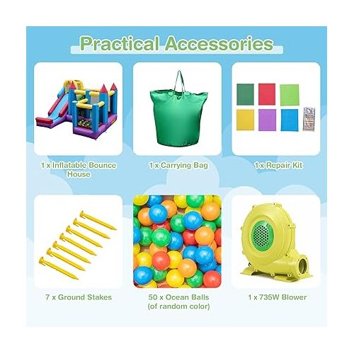  Costzon Inflatable Bounce House with Slide, Bouncy House with Ball Pit for Kids Indoor Outdoor, Climbing, Toddler Bounce House with 735W Blower Included for Backyard Birthday Party Gift, Christmas