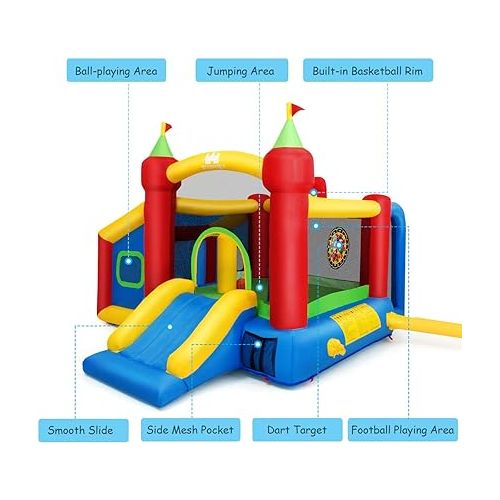  Costzon Inflatable Bounce House, 7-in-1 Bouncy House for Kids Indoor Outdoor Party with Football & 100 Ocean Balls, Basketball Rim, Toddler Jump Castle Bounce House with Blower Included Gifts Present